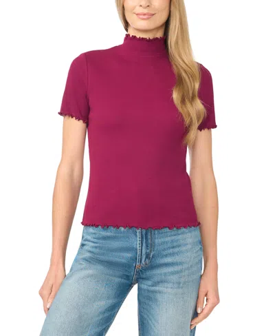 Cece Women's Lettuce-trim Mock Neck Short-sleeve Top In Burgundy