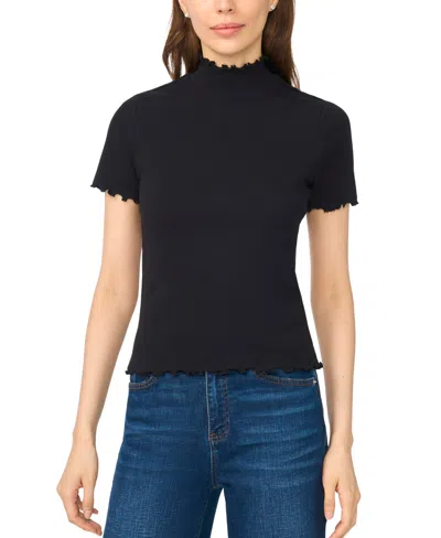 Cece Women's Lettuce-trim Mock Neck Short-sleeve Top In Black