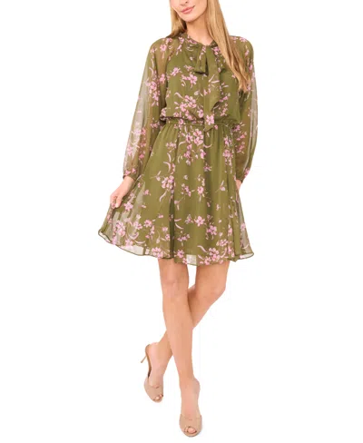 Cece Women's Long Balloon Sleeve Tie Neck Dress In Green