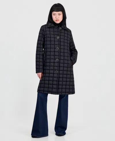 Cece Women's Long Boucle Windowpane Quilted Coat In Blue