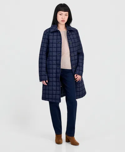Cece Women's Long Boucle Windowpane Quilted Coat In Blue