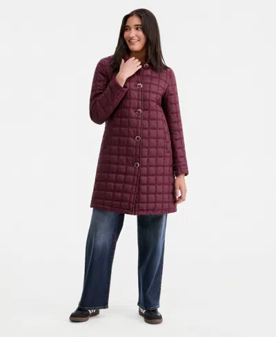 Cece Women's Long Boucle Windowpane Quilted Coat In Brown