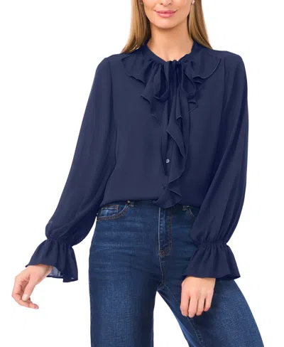 Cece Women's Long Sleeve Button-down Ruffle Top In Blue