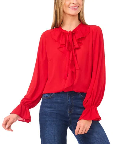Cece Women's Long Sleeve Button-down Ruffle Top In Red