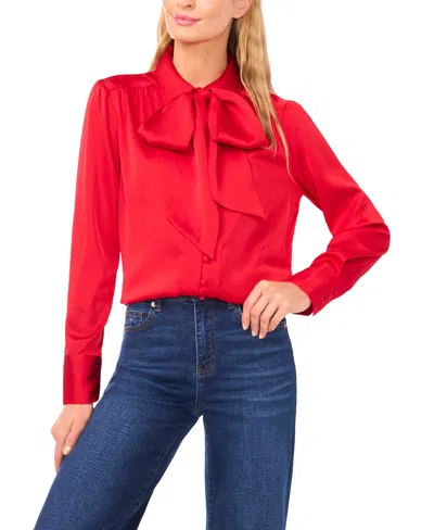 Cece Women's Long-sleeve Button Down Shirred Collared Top With Bow In Red