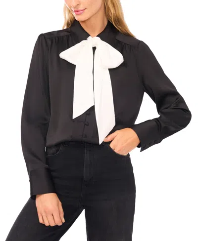 Cece Women's Long-sleeve Button Down Shirred Collared Top With Bow In Black