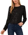Cece Sequin Long Sleeve Top In Rich Black