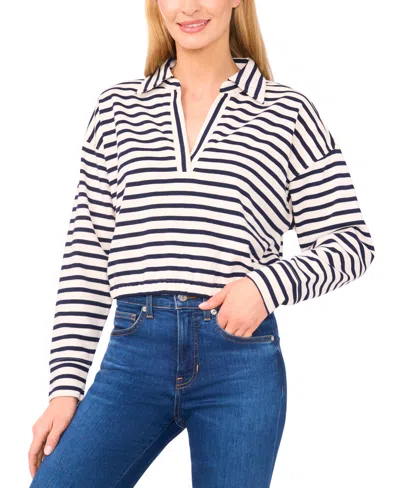 Cece Women's Long Sleeve Elastic Waist Collar Top In Blue