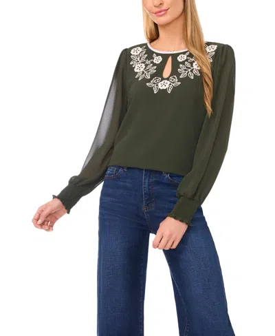 Cece Women's Long-sleeve Embroidered Top In Green