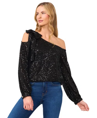 Cece Women's Long Sleeve Sequin Bow Detail One-shoulder Top In Rich Black