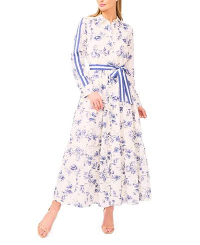 Cece Women's Long Sleeve Shirt Dress With Tie At Waist In Blue