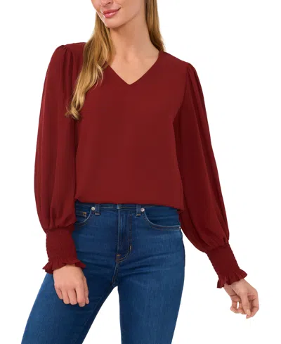 Cece Women's Long-sleeve Smocked-cuff V-neck Blouse In Claret Red