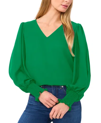 Cece Women's Long-sleeve Smocked-cuff V-neck Blouse In Lush Green