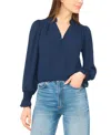 Cece Half Placket Smocked Accent Top In Blue