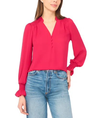 Cece Women's Long-sleeve V-neck Smocked Top In Red