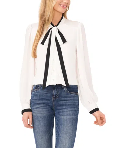 Cece Women's Long-sleeve With Split Contrast Neck Tie Top In White