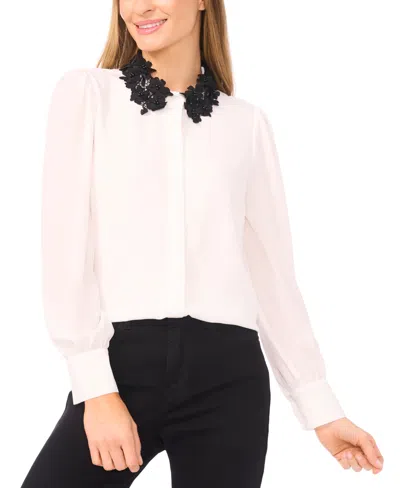 Cece Women's Long Sleeves Applique Button Up Shirts In White