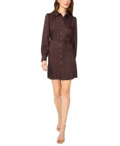 Cece Women's Long-sleeve Button-down Pleated Mini Dress In Brown