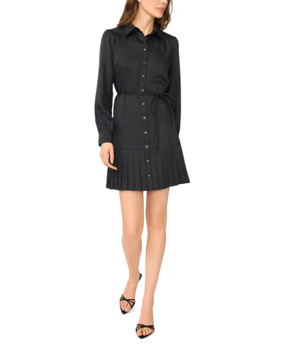 Cece Women's Long-sleeve Button-down Pleated Mini Dress In Black