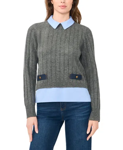 Cece Women's Long-sleeve Collared Twofer Sweater In Gray