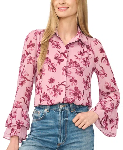 Cece Women's Long-sleeve Double-ruffle Cuff Button-down Floral-print Blouse In Multi