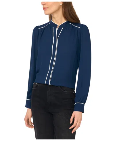 Cece Women's Long-sleeve Open-collar Blouse With Contrast Piping In Brown