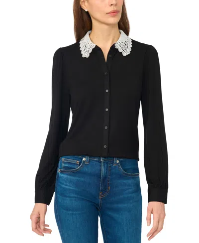 Cece Women's Long-sleeve Scallop-trim Collar Lace Blouse In Black
