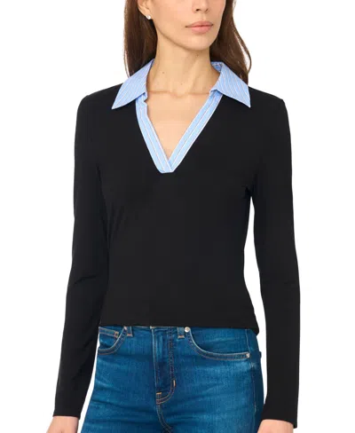 Cece Women's Long-sleeve Striped Collar Knit Polo In Black