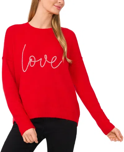 Cece Women's Beaded Love Script Crewneck Long-sleeve Sweater In Bright Cherry