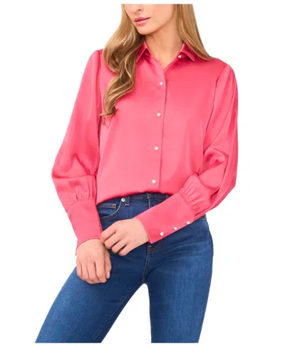Cece Women's Luxe Satin Imitation Pearl Button Down Blouse In Pink