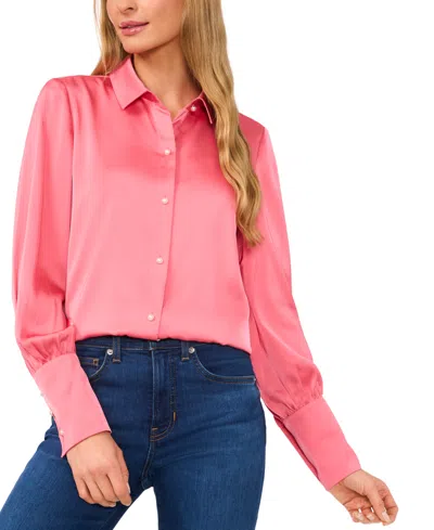 Cece Women's Luxe Satin Imitation Pearl Button Down Blouse In Confetti Pink