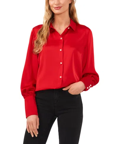 Cece Women's Luxe Satin Imitation Pearl Button Down Blouse In Red