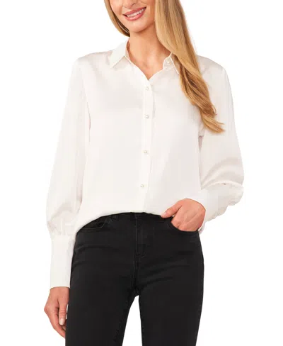 Cece Women's Luxe Satin Imitation Pearl Button Down Blouse In Soft Ecru