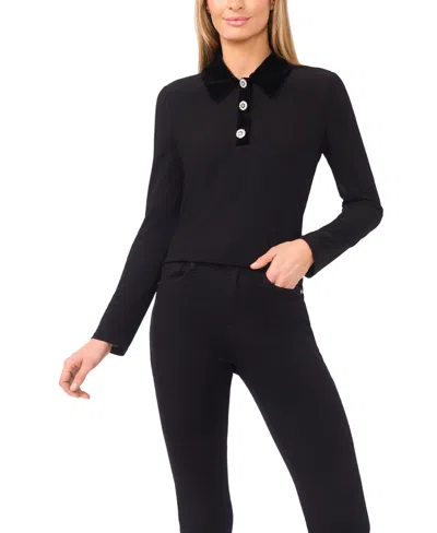 Cece Women's Mix Media Collared Neck Long Sleeve Top In Black