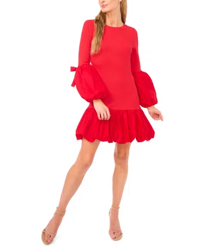 Cece Women's Mix Media Rib Knit Balloon Long Sleeve Top In Red