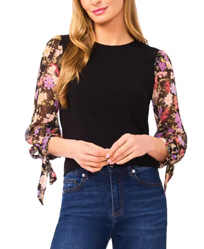 Cece Women's Mixed Media Crew Neck Top In Black