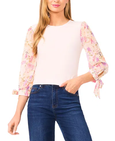 Cece Women's Mixed Media Crew Neck Top In White