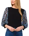 Cece Floral Sleeve Mixed Media Crepe Top In Rich Black