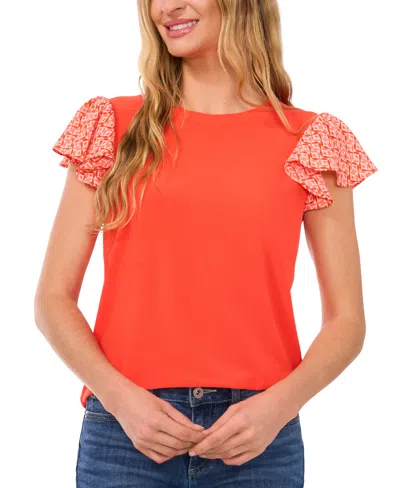 Cece Women's Mixed-media Flutter-sleeve Knit Top In Tiger Lily