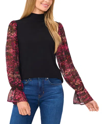 Cece Women's Long Sleeve Mixed-media Mock-neck Blouse In Black
