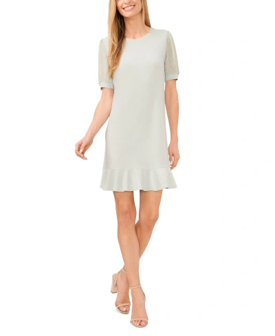 Cece Women's Mixed Media Puffed Clip Dot Short Sleeve Dress In Light Sage