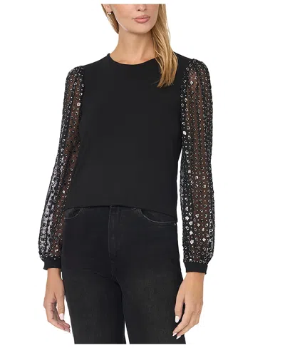 Cece Women's Mixed Media Sequin Puff-sleeve Crewneck Blouse In Black