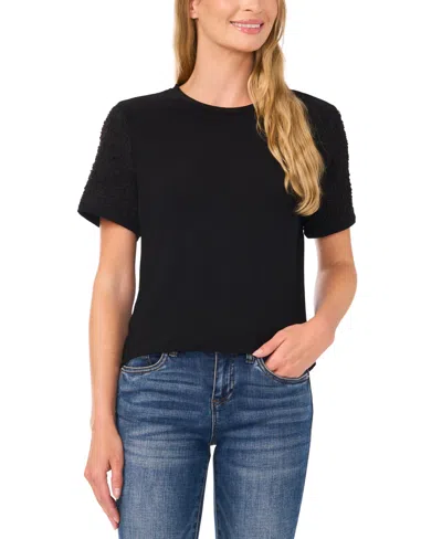 Cece Women's Mixed-media Short-sleeve Crewneck Top In Rich Black