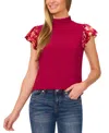 Cece Floral Print Double Ruffle Mixed Media Top In Deep Sangria