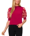 Cece Floral Puff Sleeve Mock Neck Top In Deep Sangria