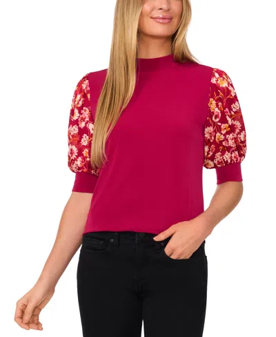 Cece Floral Puff Sleeve Mock Neck Top In Deep Sangria