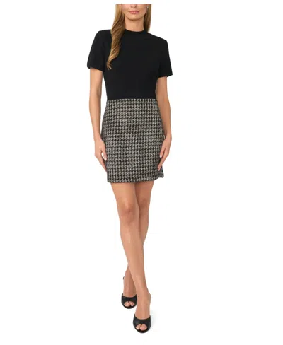Cece Mixed Media Gold Fleck Tweed Mini Dress In Black