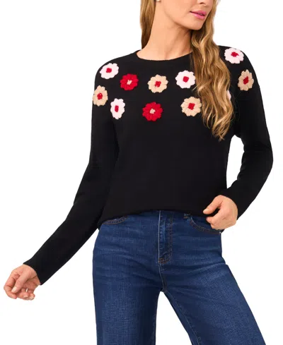 Cece Embroidered Flower Sweater In Black