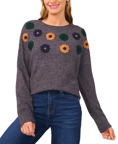Cece Women's Multicolor Embroidered Flower Long Sleeves Sweater In Gray