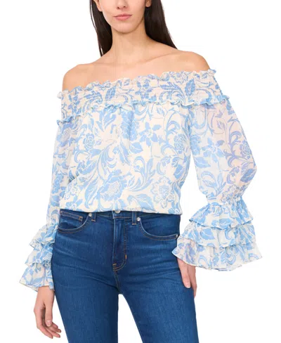Cece Women's Off-the-shoulder Ruffle Cuff Blouse In Blue Spritz